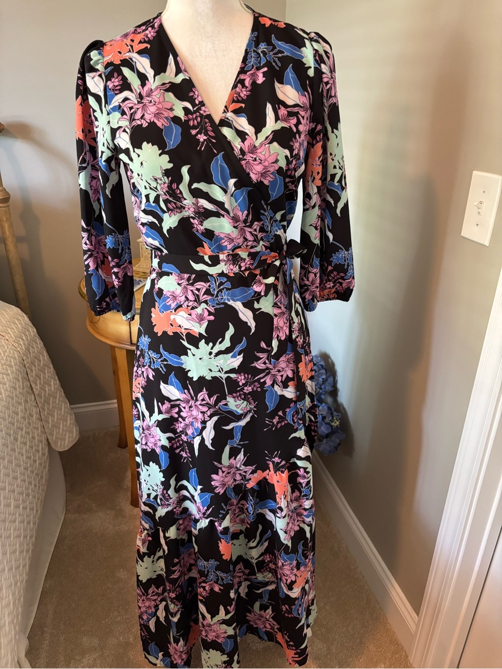 Floral Wrap Maxi Dress - Black with Pastel Floral Print